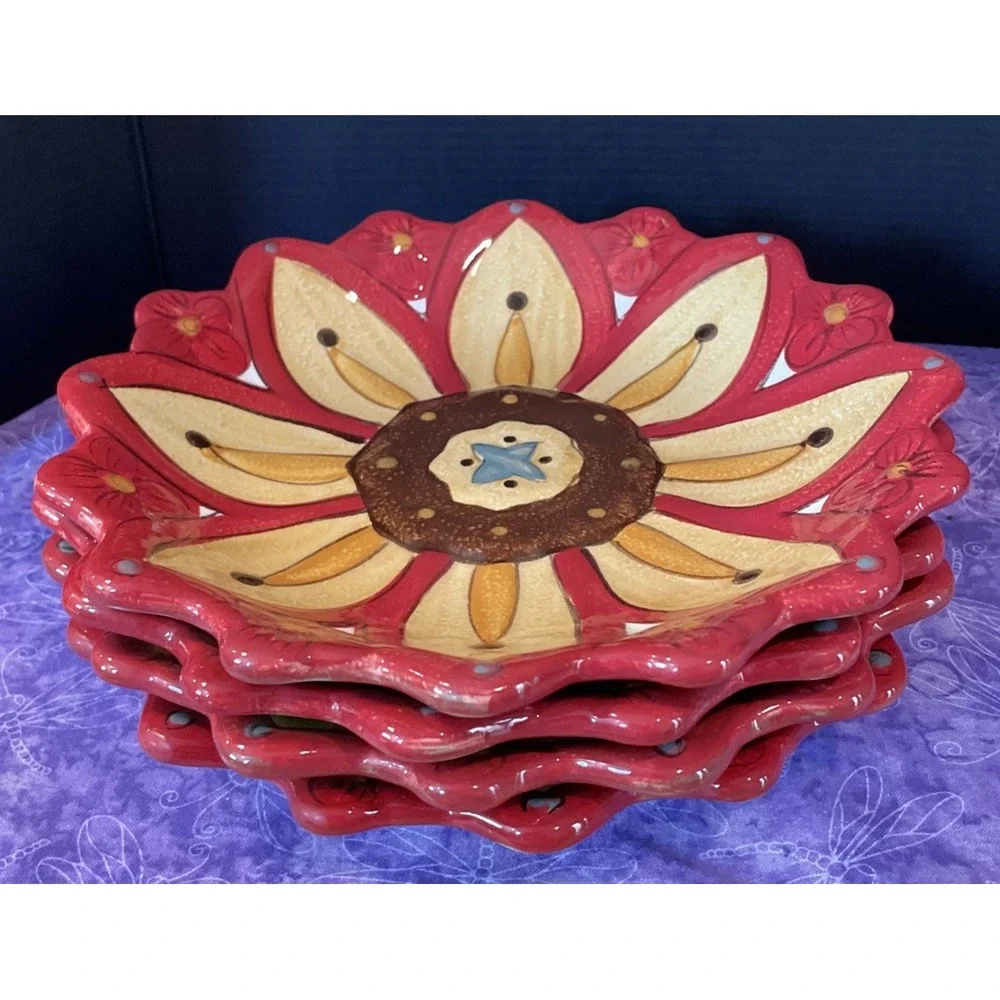 Pier‎ 1 Carynthum Salad Dessert Plate Red Flower Petal Shaped Embossed Set Of 4